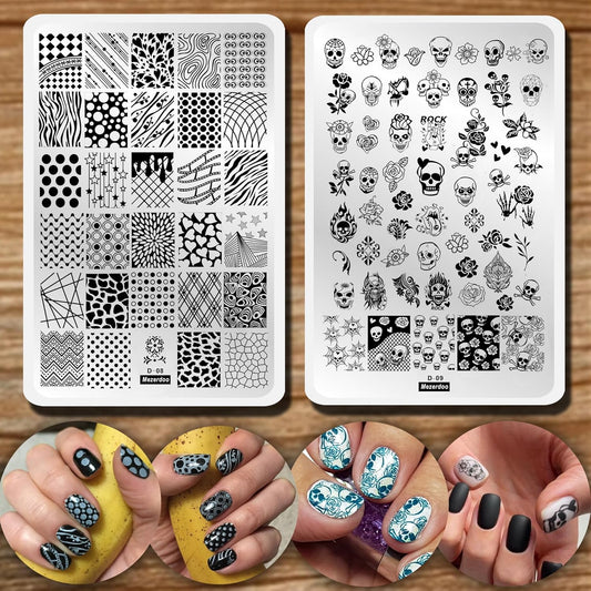 2pcs 9.5x14.5cm Nail Stamping Plates Geometry Skull Series Nail Art Stamp Templates Stencils Design Polish Manicure Stripe Dot Love Image Painting Nail Plate