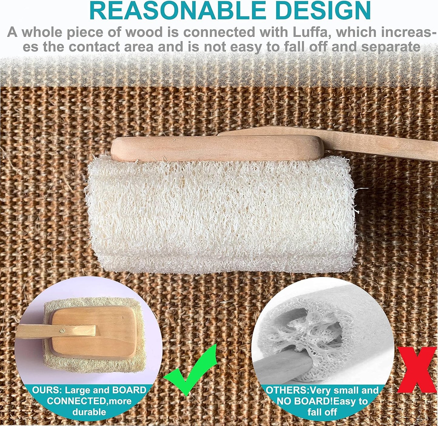 2 Pack Natural Exfoliating Loofah luffa loofa Bath Brush On a Stick - with Long Wooden Handle Back Brush for Men & Women - Shower Sponge Body Back Scrubber